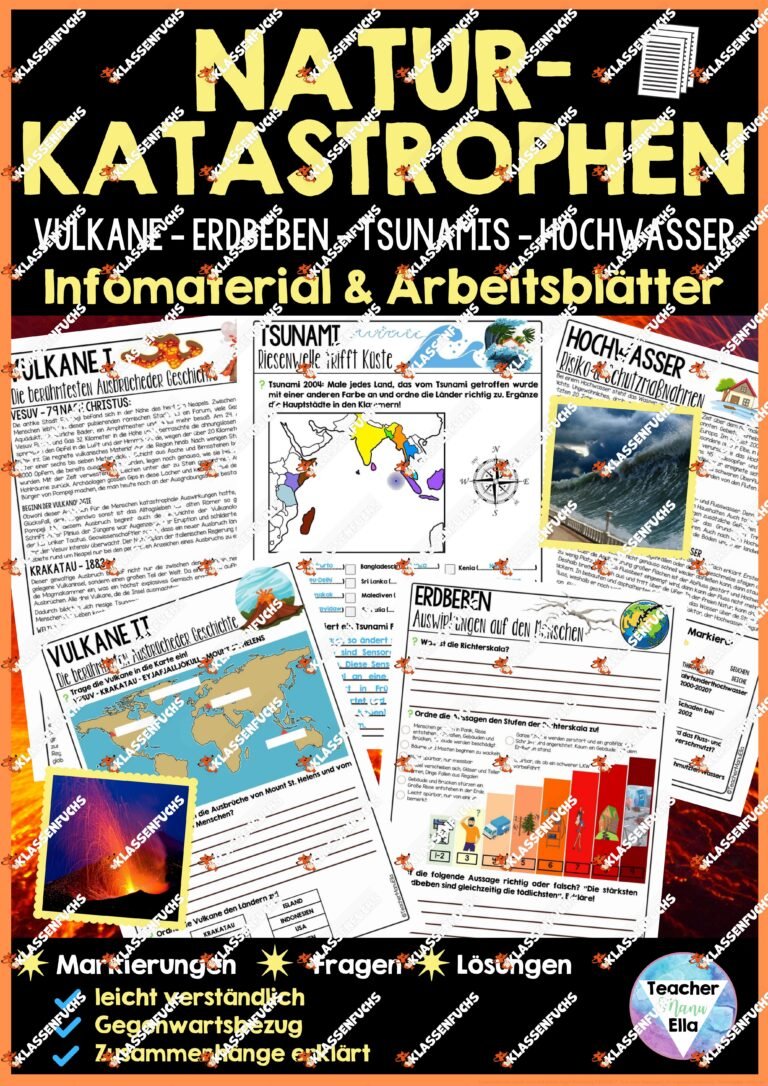 Naturkatastrophen Infomaterial & Arbeitsblätter – Vulkane, Erdbeben, Tsunami, Stürme, Lawinen, Hochwasser